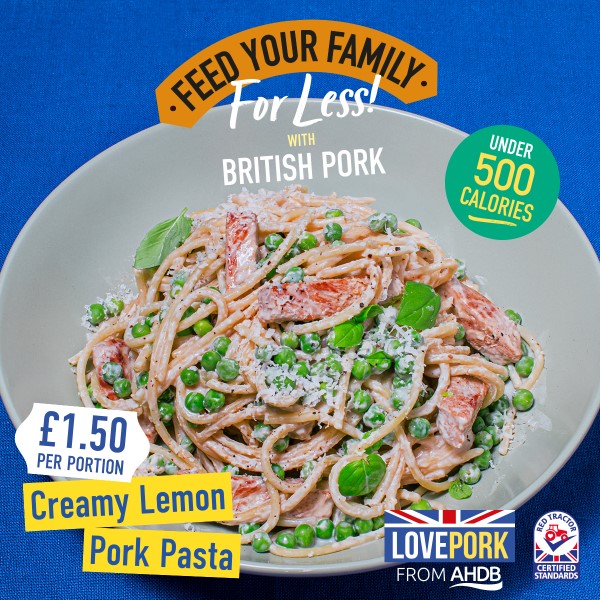 Pork campaign lemon pasta recipe image with campaign logos
